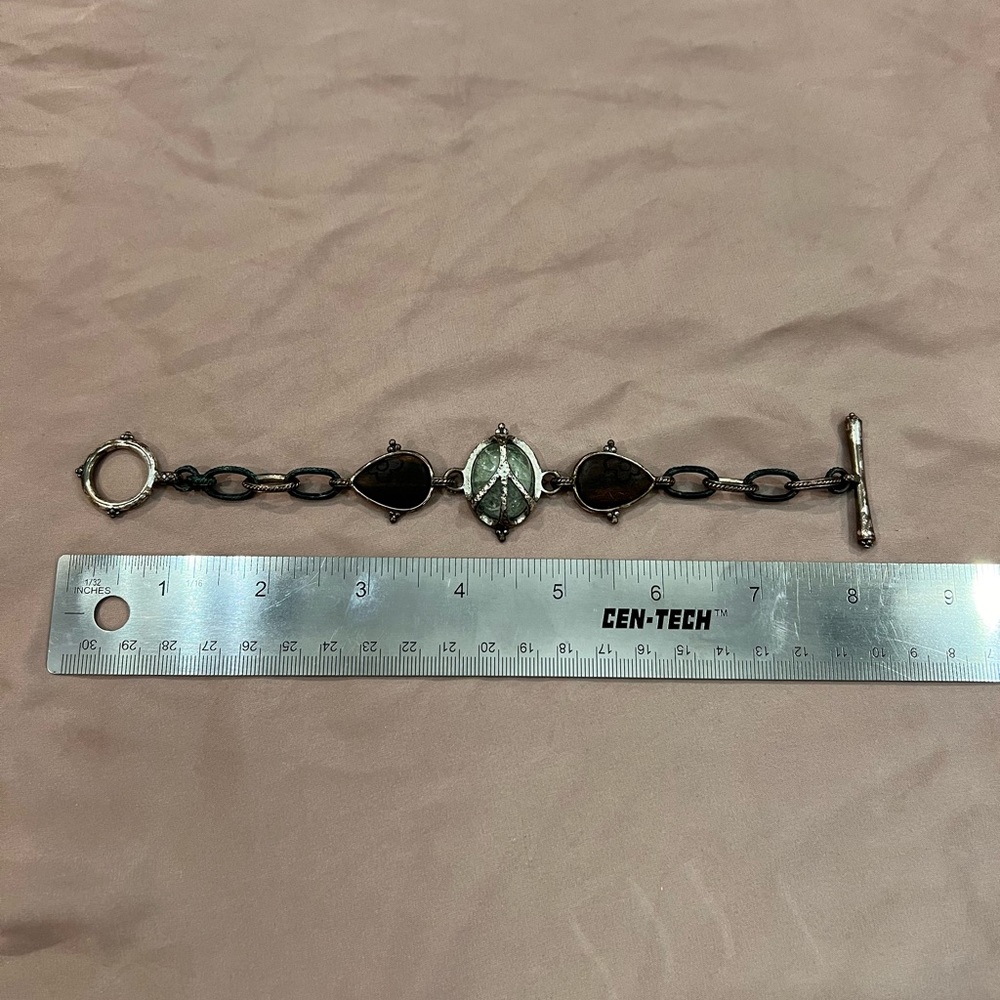 Lucky Brand Vintage Distressed Silver Tone, Wood and Turquoise Glass Bracelet